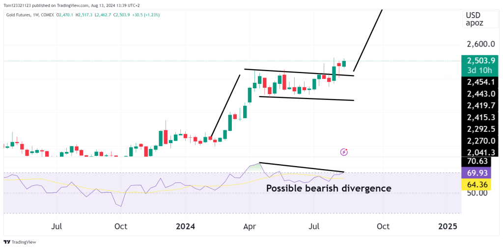 Daily chart GC with flag and RSI