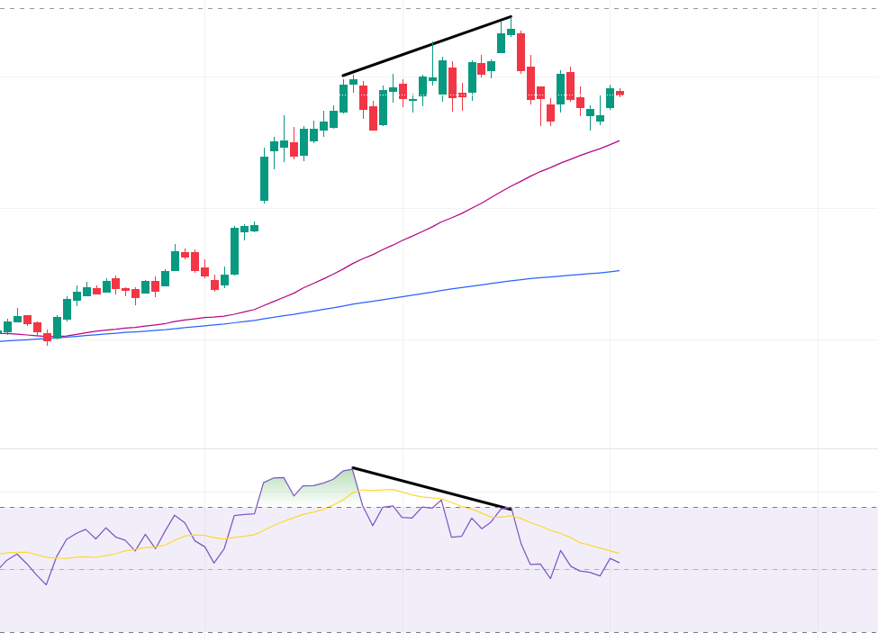 zoomed up bitcoin daily chart with RSI showing bearish divergence on bitcoin