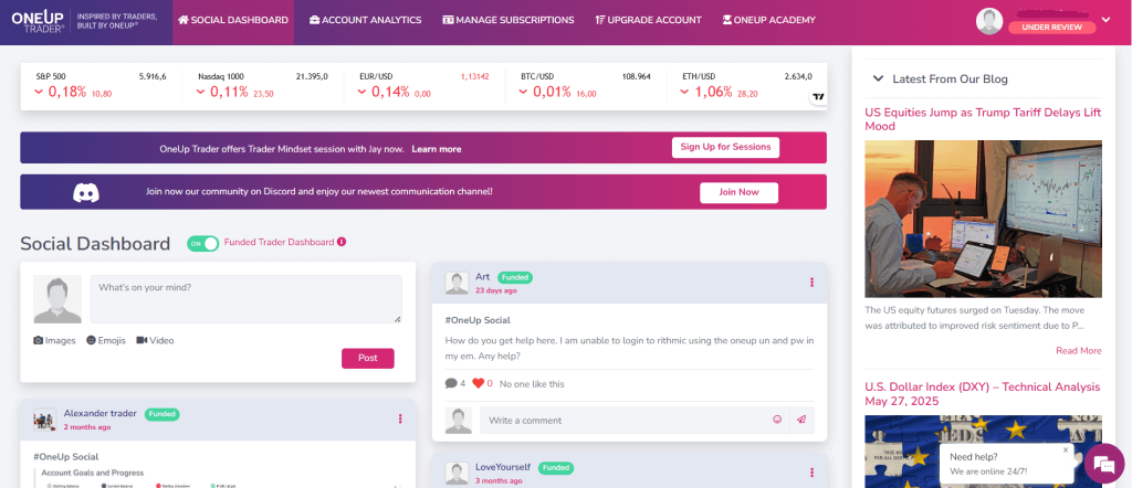 OneUp trader dashboard layout for traders on evaluation and funded