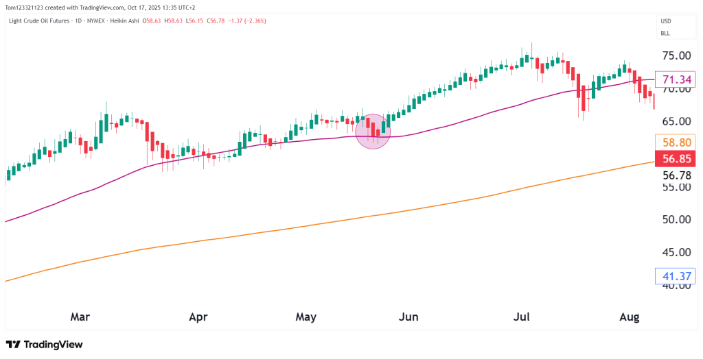 Heikin ashi candles bouncing off 50 moving average