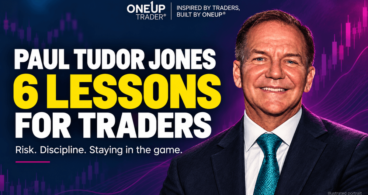 Illustrated portrait of Paul Tudor Jones beside a headline introducing six trading lessons.