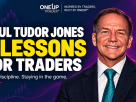 Illustrated portrait of Paul Tudor Jones beside a headline introducing six trading lessons.