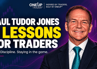 Illustrated portrait of Paul Tudor Jones beside a headline introducing six trading lessons.