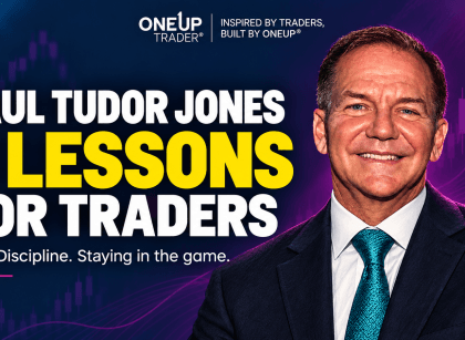 Illustrated portrait of Paul Tudor Jones beside a headline introducing six trading lessons.
