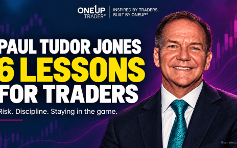 Illustrated portrait of Paul Tudor Jones beside a headline introducing six trading lessons.